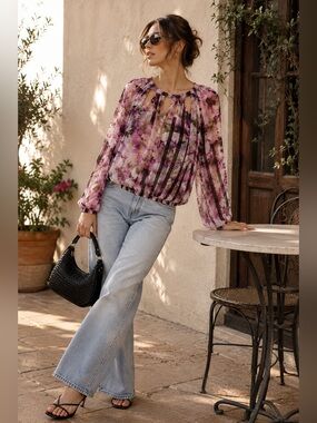 Jennifer Lopez Purple Abstract Floral Sheer Blouse Size Medium